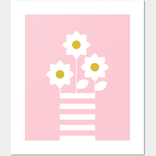 Pretty white abstract flowers design on baby pink background Posters and Art